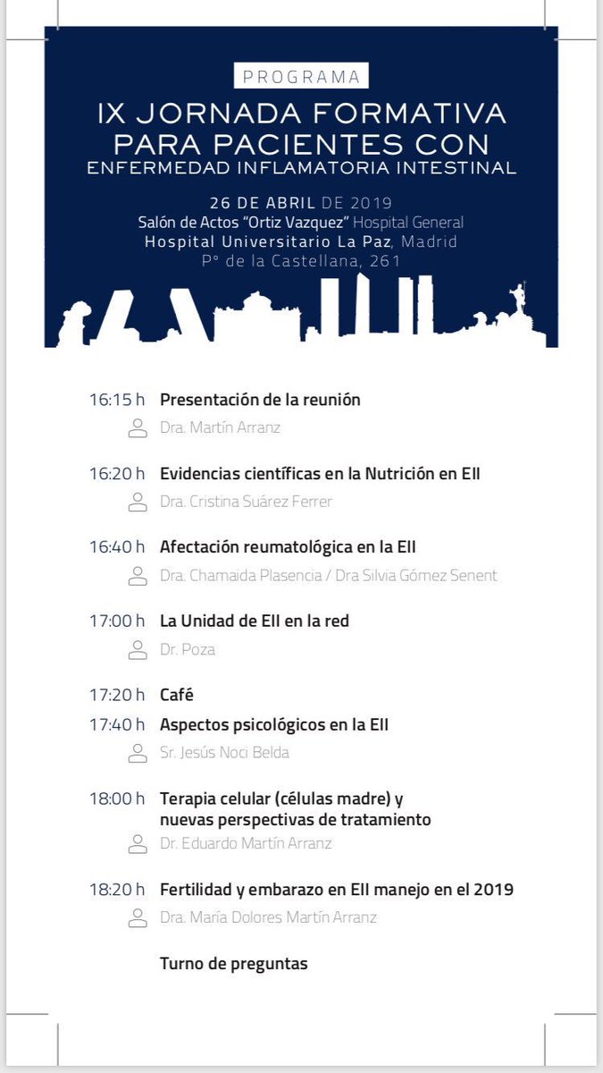 ACCU Madrid (@crohnycolitis) on Twitter photo Mañana 26 de Abril del 2019 tenemos unas Jornadas Formativas para Pacientes con EII en el Hospital La Paz. Acudir, es un placer para nosotros/as.
Son unas jornadas abiertas, contamos contigo. ¡Os esperamos!.
<a href="/EIICLaPaz/">EII LaPaz</a> <a href="/ACCU_Espana/">ACCU ESPAÑA</a> <a href="/pacientesPOP/">Plataforma de Organizaciones de Pacientes</a> @IdipazScience <a href="/Biobanco_Idipaz/">Biobanco_IdiPAZ</a> Mañana 26 de Abril del 2019 tenemos unas Jornadas Formativas para Pacientes con EII en el Hospital La Paz. Acudir, es un placer para nosotros/as.
Son unas jornadas abiertas, contamos contigo. ¡Os esperamos!.
<a href="/EIICLaPaz/">EII LaPaz</a> <a href="/ACCU_Espana/">ACCU ESPAÑA</a> <a href="/pacientesPOP/">Plataforma de Organizaciones de Pacientes</a> @IdipazScience <a href="/Biobanco_Idipaz/">Biobanco_IdiPAZ</a>