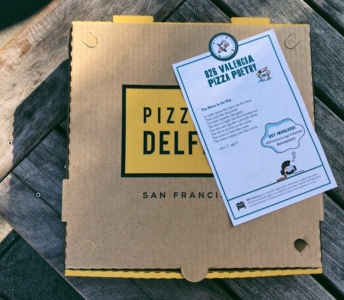 “The stars sparkle like gems.” Tomorrow is the last day to get your pizza to go at our Mission location w/a poem from an <a href="/826valencia/">826 Valencia</a> student. Thank you to all the students who donated their poems and to all the pizza lovers who helped celebrate students’ voices. #pizzapoetry