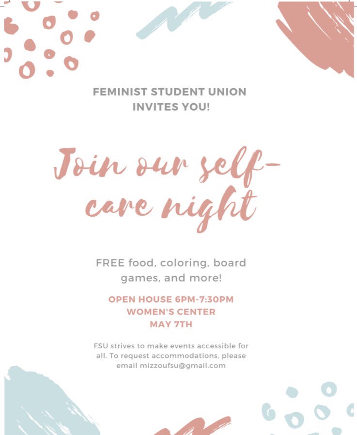 Finals week is upon us so come treat yourself to free food and stress-reducing activities like coloring, movies, board games, and more!

Stop by anytime from 6-7:30pm on Tuesday, May 7th in the Women’s Center!
