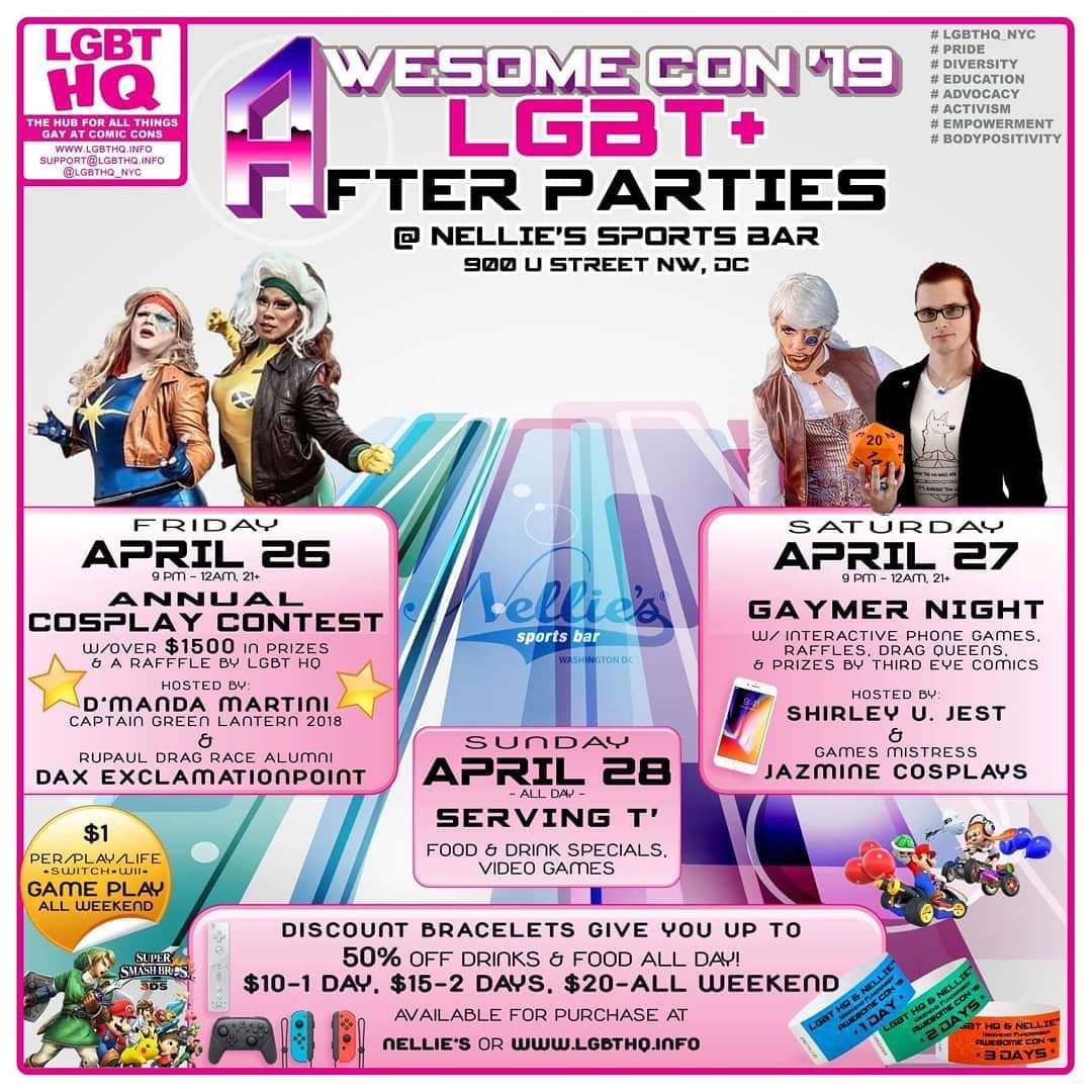 LGBTHQ_NYC's tweet photo. @LGBTHQ_NYC at @AwesomeCon '19. Celebrate w/us at booth 1310, w/panels, programming, & a #FREE Wknd of #LGBT+ #AfterParties; #FridayNight #CosplayContest, #SaturdayNight #GaymerNight, & #Sunday is #ServingTheT, all Wknd long @NelliesDC. #FundraiserBands
https://t.co/yAxv7PQOnD https://t.co/AiEDsJJGeK