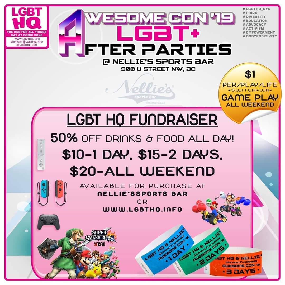 LGBTHQ_NYC's tweet photo. @LGBTHQ_NYC at @AwesomeCon '19. Celebrate w/us at booth 1310, w/panels, programming, & a #FREE Wknd of #LGBT+ #AfterParties; #FridayNight #CosplayContest, #SaturdayNight #GaymerNight, & #Sunday is #ServingTheT, all Wknd long @NelliesDC. #FundraiserBands
https://t.co/yAxv7PQOnD https://t.co/AiEDsJJGeK