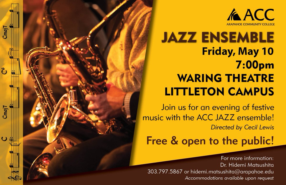 The ACC Music Department presents a Jazz Ensemble performance on Friday, May 10, beginning at 7pm in the Waring Theatre. Free &amp; open to the public.