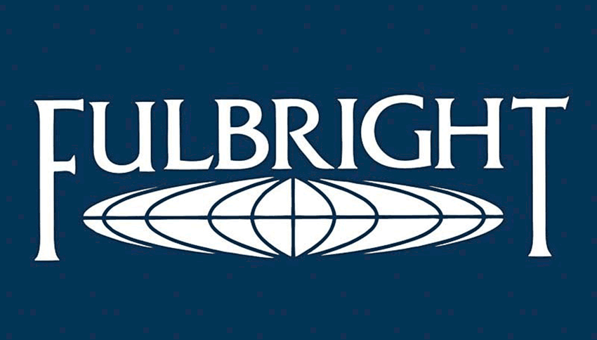 The logo for the Fulbright program with a globe on blue.