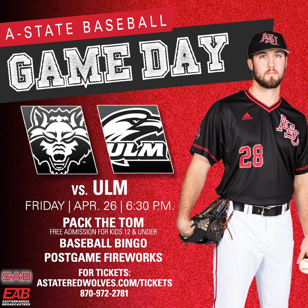 Let's #PackTheTom tonight!

🆚<a href="/ULM_BSB/">ULM Baseball</a>
🏟Tomlinson Stadium/Kell Field
📍Jonesboro, Ark. 
⏰First Pitch — 6:30 p.m.
📺 es.pn/2UH0LOO
📻 @953theticket 
🎟️:bit.ly/2Gsm9Dz  
👉Pack The Tom
👉T-shirt giveaway
👉Postgame Fireworks

#WolvesUp | #WeHaveFunHere