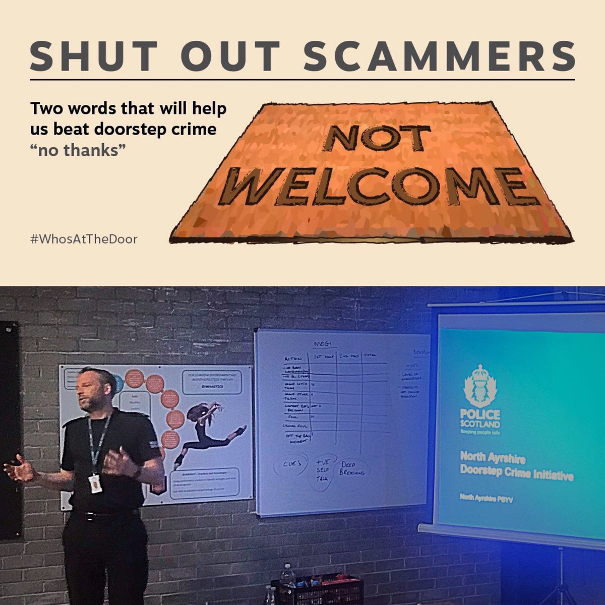 PSOSNAyrshire's tweet photo. #NorthAyrshireLALO Sgt Peter & #NACrimePrevention PC Johnson visited the N.Ayrshire @PolScotPSYV group this evening to update them on the #ShutOutScammers campaign - the officers look forward to supporting the young people in delivering crime prevention messages locally. #PSYVNA https://t.co/fSlsqCs9Z3