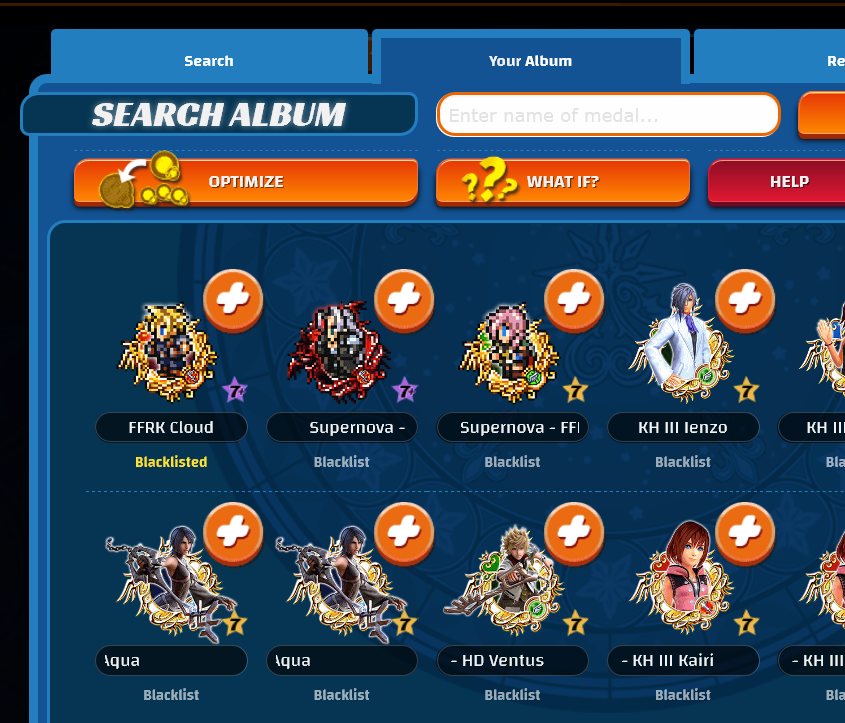 KHUXTracker's tweet photo. @magnaangemon01 Still working on collecting stats, (and fixing the missing data page for that matter)
But if you need to, you can blacklist your album medals so they won't appear in the optimization results. (click on 'blacklist' under each medal) https://t.co/csqG6DZzEe