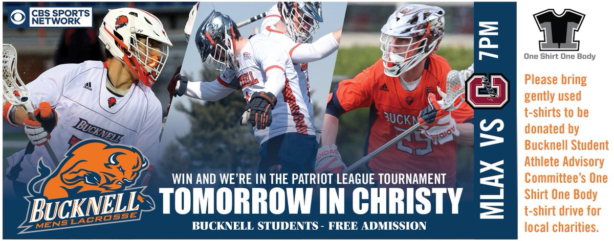 Bucknell_Bison's tweet photo. Hope to see everyone at @Bucknell_MLAX's home finale!

Also be sure to bring a gently used t-shirt to support @BucknellSAAC's drive for @OneShirtOneBody. #rayBucknell https://t.co/sblU0bKhAH