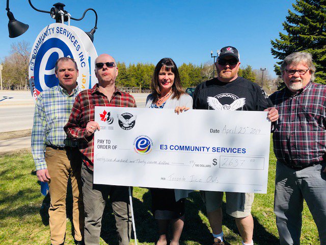 e3Community's tweet photo. @e3Community has generously received a donation from the @TorontoIceOwls for 50% of its proceeds from the Toronto Ice Owls Hockey game held here in Collingwood on April 13. Thank you @randyba82984678 for including us in this wonderful event. #torontoiceowls #blindhockey #hockey https://t.co/R3zEHctVVR