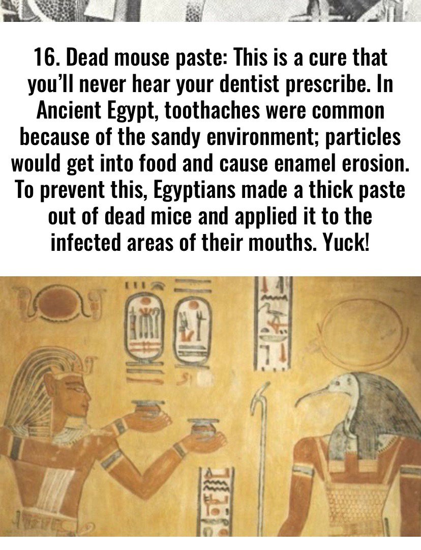 Dead mouse paste: This is a cure that you’ll never hear your dentist prescribe. In Ancient Egypt, toothaches were common because of the sandy environment. To prevent this, Egyptians made a thick paste out of dead mice and applied it to the infected areas of their mouths.