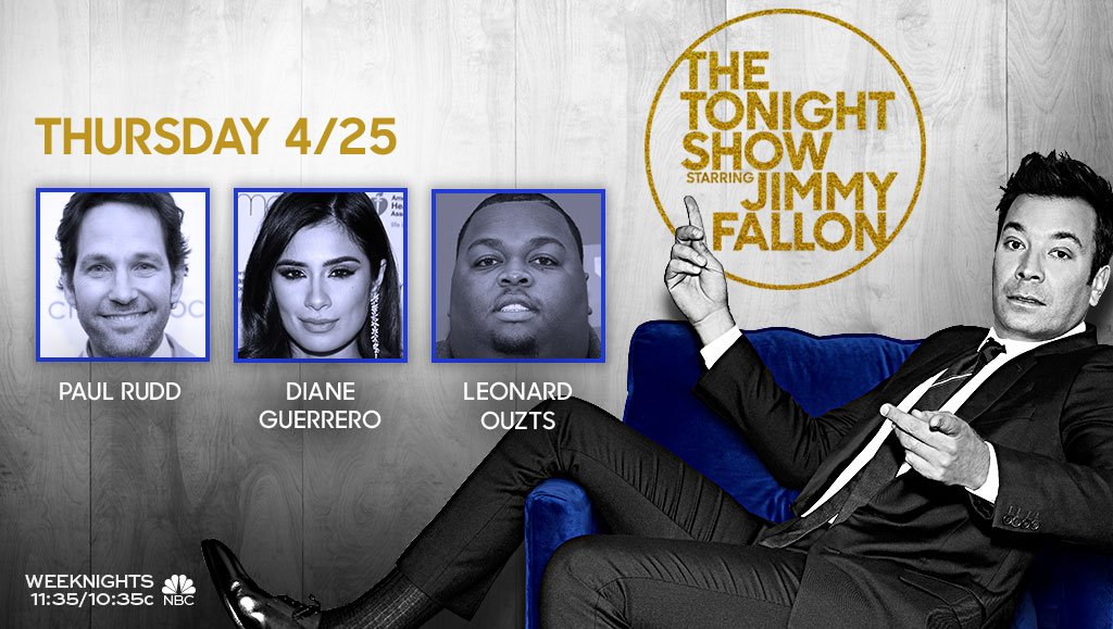 FallonTonight's tweet image. Fun show tonight with Paul Rudd, 
@dianeguerrero__, and stand up from Leonard Ouzts! Plus, your #ConcertFail tweets! #FallonTonight