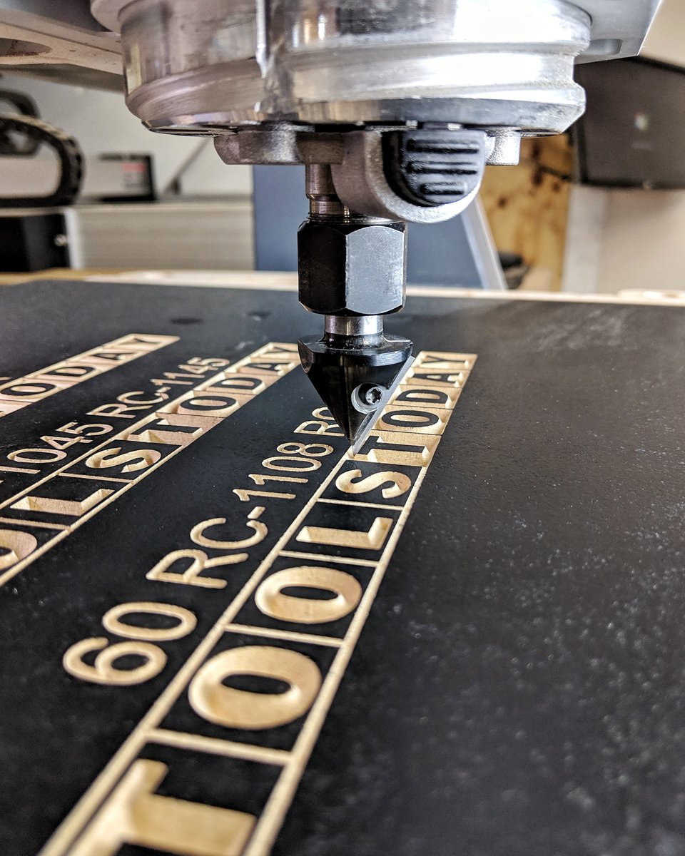 Toolstoday's tweet photo. Beautifully clean cuts using this #RC-1108 60° CNC Insert carbide ‘V’-Groove router bit featuring 1-1/16" diameter, 29/32" cut height and 1/2” shank.
#toolstoday #amanatool #makers #makersgonnamake #woodsigns #wood #woodworking #woodwork #vgroove #cnc #cncuser #router #signs https://t.co/RjZSnG7ElT