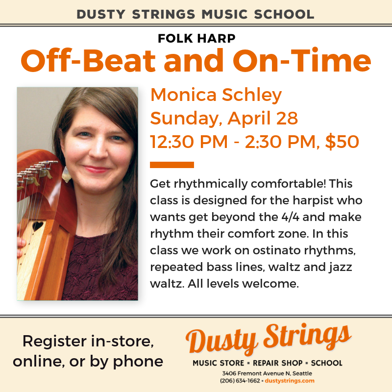 MonicaSchley's tweet photo. THIS SUNDAY I'm teaching Off-Beat and On Time: a group workshop at Dusty Strings Music April 28 12:30-2:30. CALL 20-634-1662 to register! I'm looking forward to working on some rhythm exercises with you. #rhythm #bassline #harplesson https://t.co/vijrnB85Gx