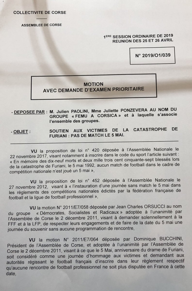 PonzeveraJu's tweet photo. Le 5 mai 2019 nous commémorerons les 27 ans de la catastrophe de Furiani. Pourtant, 5 matchs de Ligue 1 ont été programmés à cette date. Ce mépris à l’égard des victimes et de leurs familles est inacceptable. L’ @AssembleeCorse l’a redit ce soir à l’unanimité : #PasDeMatchLe5Mai https://t.co/TZiAqrRcUV