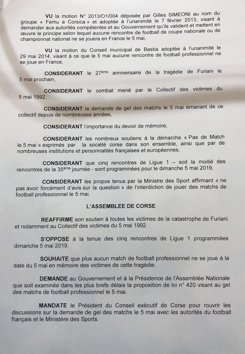 PonzeveraJu's tweet photo. Le 5 mai 2019 nous commémorerons les 27 ans de la catastrophe de Furiani. Pourtant, 5 matchs de Ligue 1 ont été programmés à cette date. Ce mépris à l’égard des victimes et de leurs familles est inacceptable. L’ @AssembleeCorse l’a redit ce soir à l’unanimité : #PasDeMatchLe5Mai https://t.co/TZiAqrRcUV
