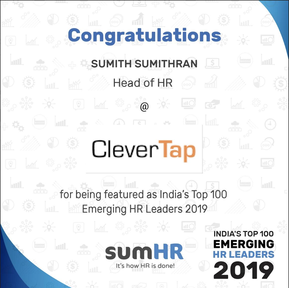 Extremely proud that our HR head Sumith (aka @sumith24ran) was featured by <a href="/sumHR/">sumHR</a> as one of India's top 100 emerging HR leaders - sumhr.com/top-hr-india-2…