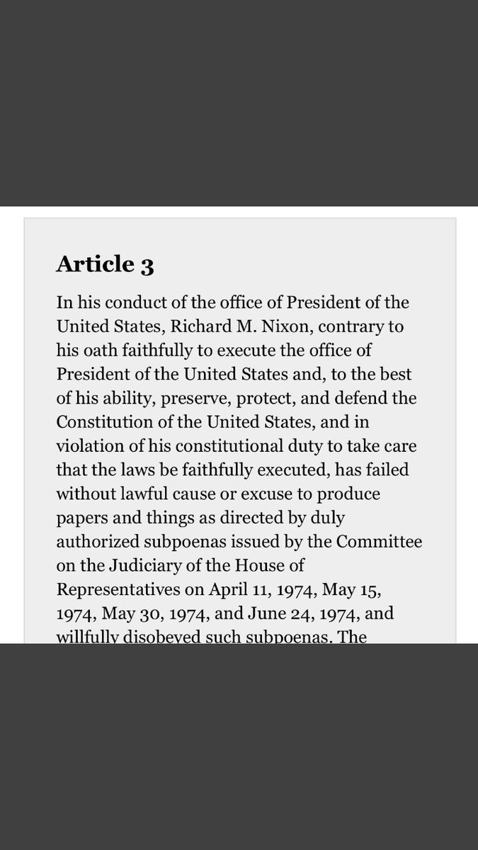 Trump’s Impeachable Offenses:#16.) Trump announced that he will categorically ignore ALL SUBPOENAS issued by Congress for witnesses or documents. He won’t evaluate them. He’ll IGNORE THEM ALL. That is Contempt of Congress and it was the 3rd Article of Impeachment against Nixon.