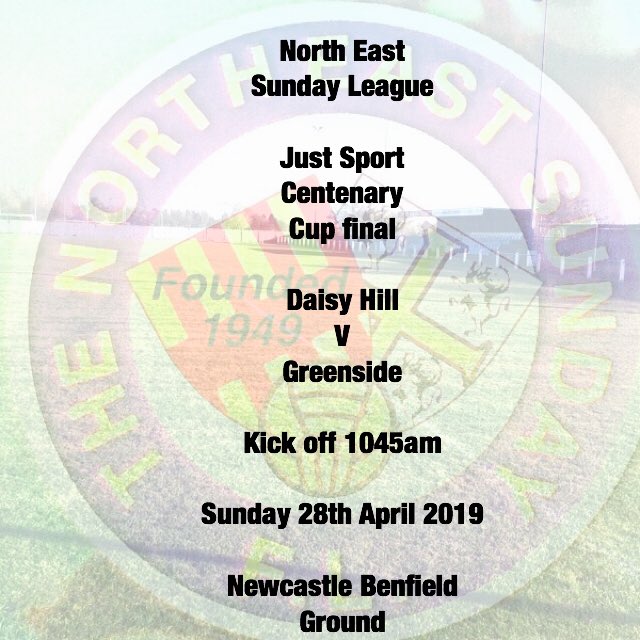 Next Cup Final 

Sunday 28th April 2019

<a href="/FCDaisyhill/">Daisy Hill FC</a> 
           V
<a href="/GreensideFC/">Greenside F.C</a> 

In the <a href="/NESLFootball/">NESL Football #NESL</a> 
<a href="/justcricket/">Pro XXI Cricket</a> Centenary ⚽️🏆Cup Final 🏆⚽️

Kick off 1045am at @NcleBenfield Ground.