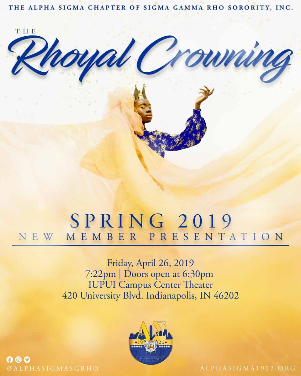 AlphaSigmaSGRho's tweet photo. More Rhoyalty is on its way...👑💙💛✨ Join us in welcoming Alpha Sigma’s newest Pretty Poodles tomorrow night - IUPUI Campus Theater at 7:22pm. Doors open at 6:30pm. You don’t want to miss this! #TheRhoyalCrowning19 #AskAboutAS #SGRho #SigmaGammaRho #SGRhoCentral #Indianapolis https://t.co/FRmunYPRvM