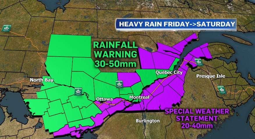 LoriGrahamMTL's tweet photo. #Heavyrain moves into #Montreal after AM rush hour #Friday
#RainfallWarnings in effect for MTL & areas N of St. Lawrence w 30-50mm possible
The city has already seen over 80mm of rain this month
Avg monthly #rainfall for #April is about 67mm
Drier by Sat aft
@CTVMontreal #qcstorm https://t.co/mOpkmMv9NJ