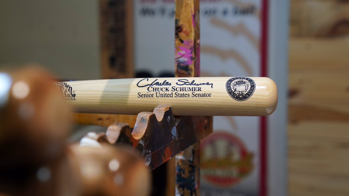 A bat displays Senator Schumer’s name at Cooperstown Bat Company. (Photo by the Senate Democratic Media Center)