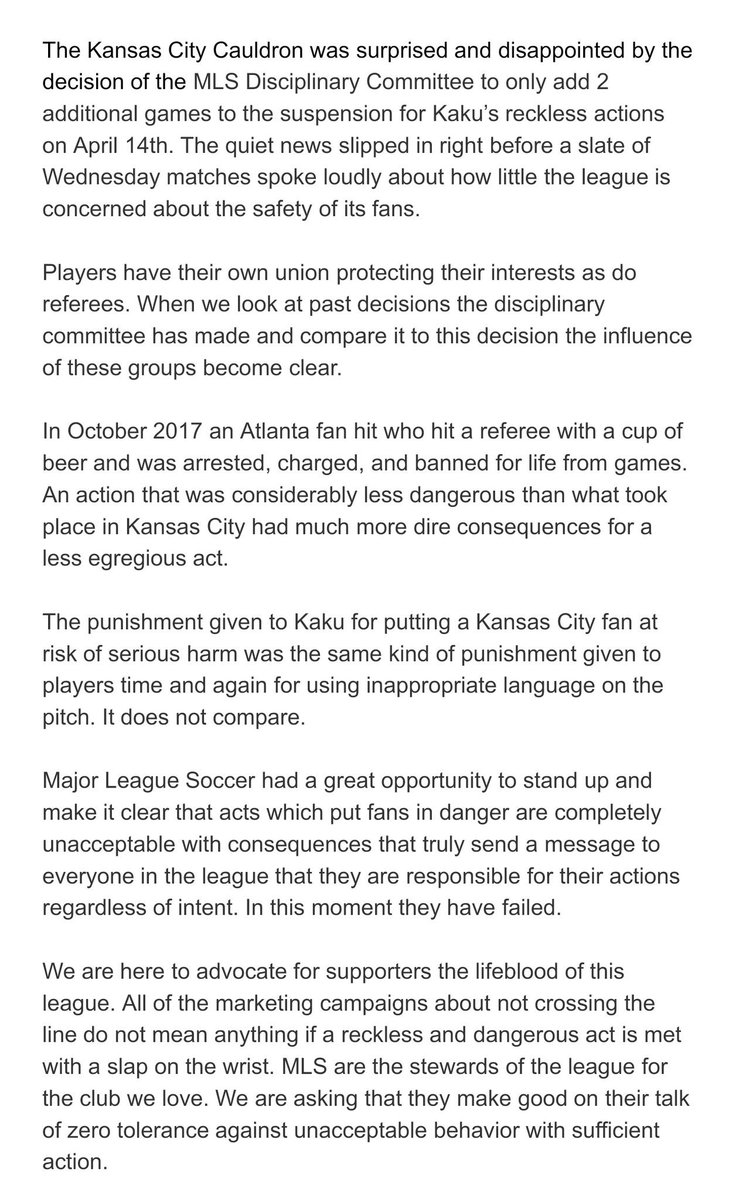 KCCauldron's tweet image. A statement from our organization about the insufficient response by @MLS to the Kaku's reckless actions.

#NoOtherClub
