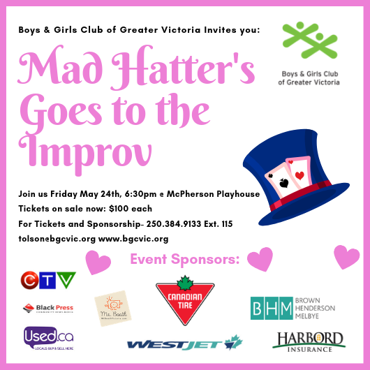 usedvictoria's tweet photo. Don your costume and hat, bring your friends &amp; experience the madness at the 4th Annual Mad Hatter's Goes to the Improv May 24 supporting @BGCVic - details here: https://t.co/Jlj1HOrXoa #yyj #yyjevents #victoria #supportcharity #usedhelps https://t.co/yhZ87MeJGZ