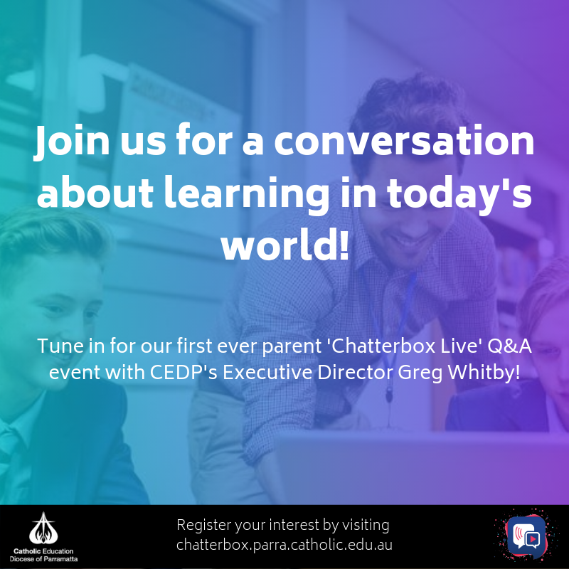Our parent edition of #ChatterboxLive is taking place in just 6 weeks! Join us in person or tune in via our Facebook page to chat with Executive Director <a href="/gregwhitby/">Greg Whitby AM. KSG.</a> about learning in today's world! Register your interest here: chatterbox.parra.catholic.edu.au 👨‍🏫🌍

#CathEdParra #aussieED