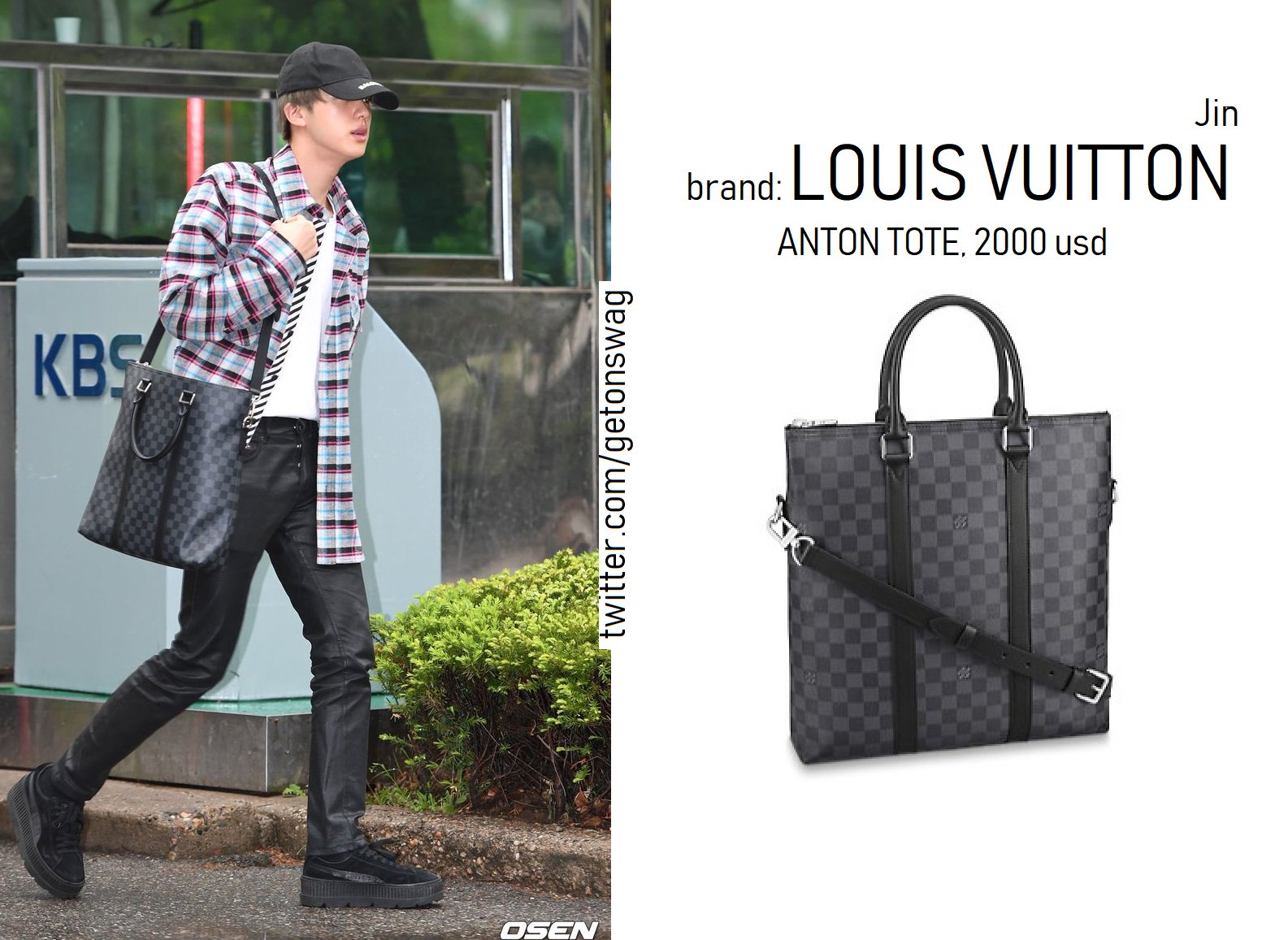 Beyond The Style ✼ Alex ✼ on X: JIN #BTS 190426 Music Bank arriving #JIN  #방탄소년단 #진 #석진 PUMA FENTY by RIHANNA Cleated Creepers LOUIS VUITTON anton  tote BALENCIAGA cap OFF-WHITE check