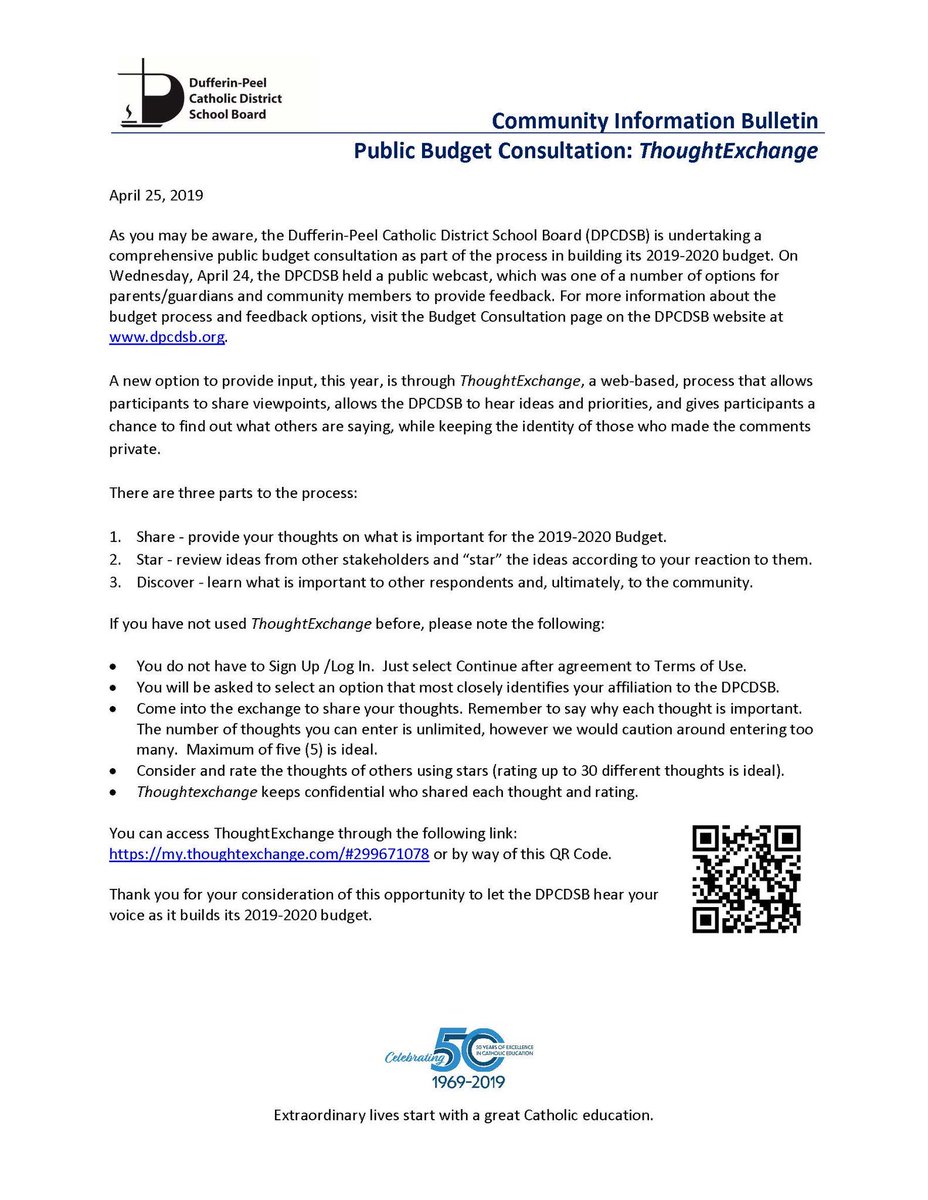 StJosephDPCDSB's tweet photo. For those who would like to contribute to setting budget priorities, please review the attachment and share your thoughts on ThoughtExchange. #BeInformed #GetInvolved #EveryThoughtCounts https://t.co/gE7NVIUy0W