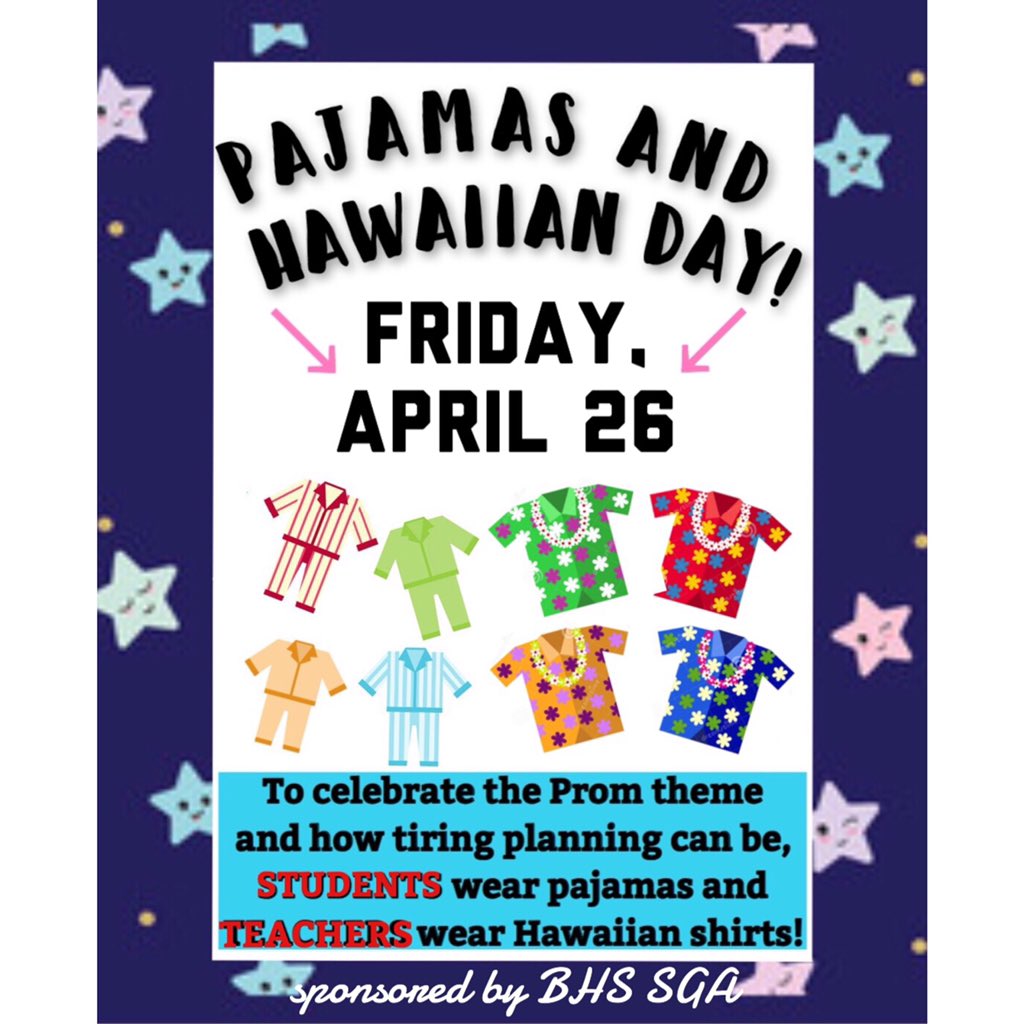 BrunswickHSSC's tweet photo. TOMORROW students wear pajamas and teachers wear hawaiian shirts to get into the prom spirit!!🌺 https://t.co/w9KGfCdwjU