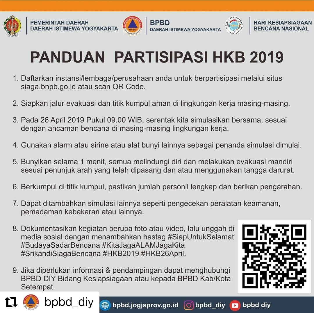 Panduan Pelaksanaan Hari Simulasi Evakuasi Bencana Serentak di DIY, hari ini, Jumat (26/04) pkl 09.00 
Selengkapnya via @Pusdalops_diy