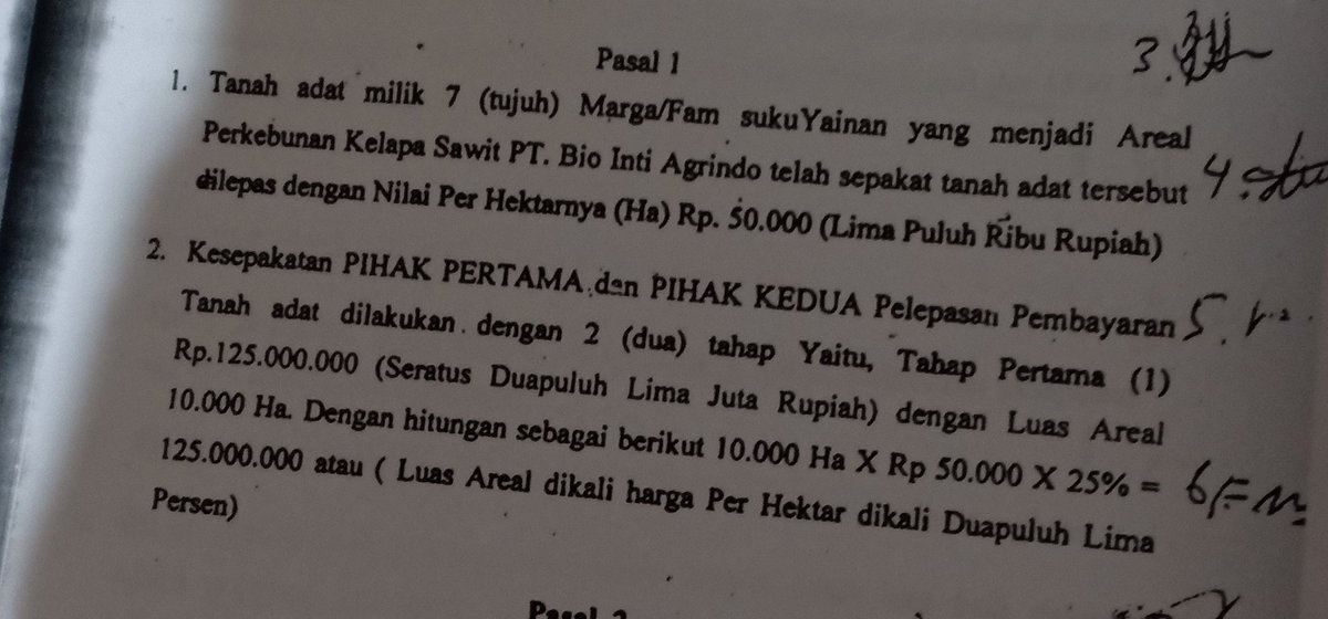 angkytm's tweet photo. Pemiskinan Orang Asli Papua nyata, tanah sumber kehidupan mereka dirampas dan dihargai secara tidak adil. Ini isi perjanjian antara perusahaan dan Suku Yeinan di Merauke. Harga tanah Rp. 50.000 per hektar atau Rp. 50 per meter. Keterlaluan. https://t.co/dMpyzkxjAc