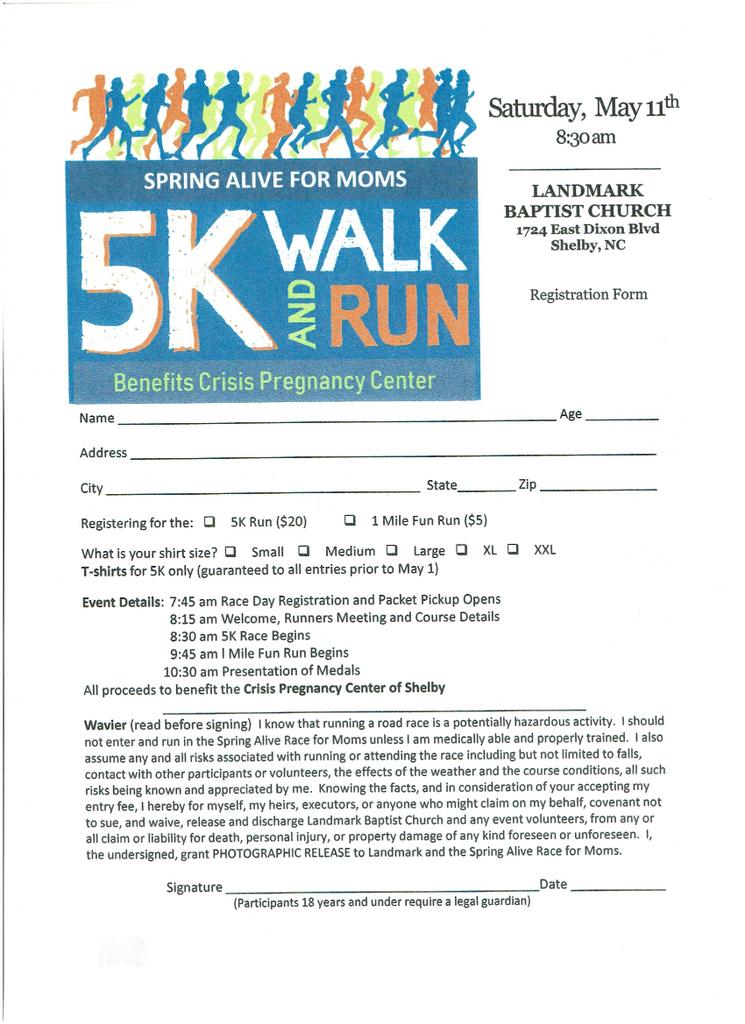 dhblanton's tweet photo. Calling all F3 we need a strong showing for a Mother's Day weekend 5k @ Landmark Church to support the crisis pregnancy center. It's a strong witness and a chance for major recruitment for @F3_Shelby! https://t.co/pzHkOwk8Sw