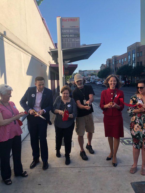 CapMetroATX's tweet image. Excited to celebrate the opening of the 31st Street Station this evening with @wheatsville @CommishShea and @kathietovo. We’ve now added 16 bus stops to our #MetroRapid lines, improving our system every day &amp;amp; making it even easier for everyone to #GetOnBoard