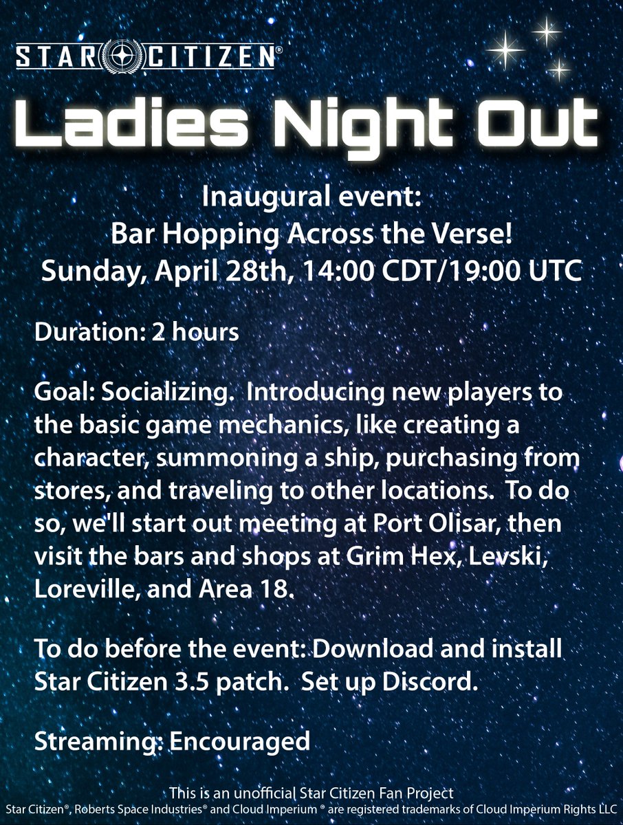 MzHartz's tweet photo. SC Ladies Night Out Inaugural Event: Bar Hopping Across the Verse! This Sunday, April 28, at 14:00 CDT/19:00 UTC! Join us in our Discord: https://t.co/wW5lBKdN78 https://t.co/8cu4ed9W3a