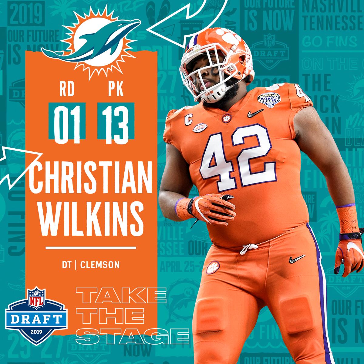 NFL on X: 'With the #13 overall pick in the 2019 @NFLDraft, the  @MiamiDolphins select DT Christian Wilkins! #NFLDraft (by @Bose)   / X