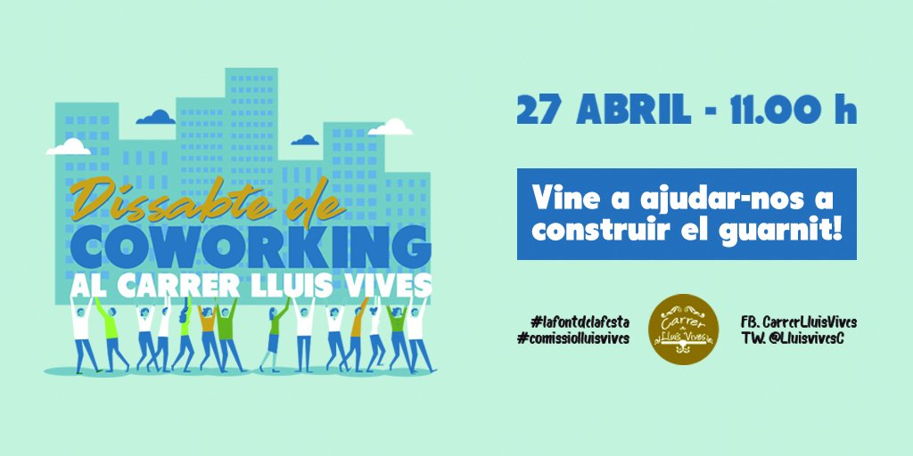 👷‍♀️👷‍♂️Et convidem al nostre #CoworkingVienal! Ajuda'ns a preparar el guarnit d'aquest i comparteix una jornada de treball amb les veïnes. Et volem conèixer!

📍C/Lluís Vives #Gracia
📆Dissabte 26/4

👉Apunta't a facebook.com/events/2742098…

Som Lluís Vives, #lafontdelafesta