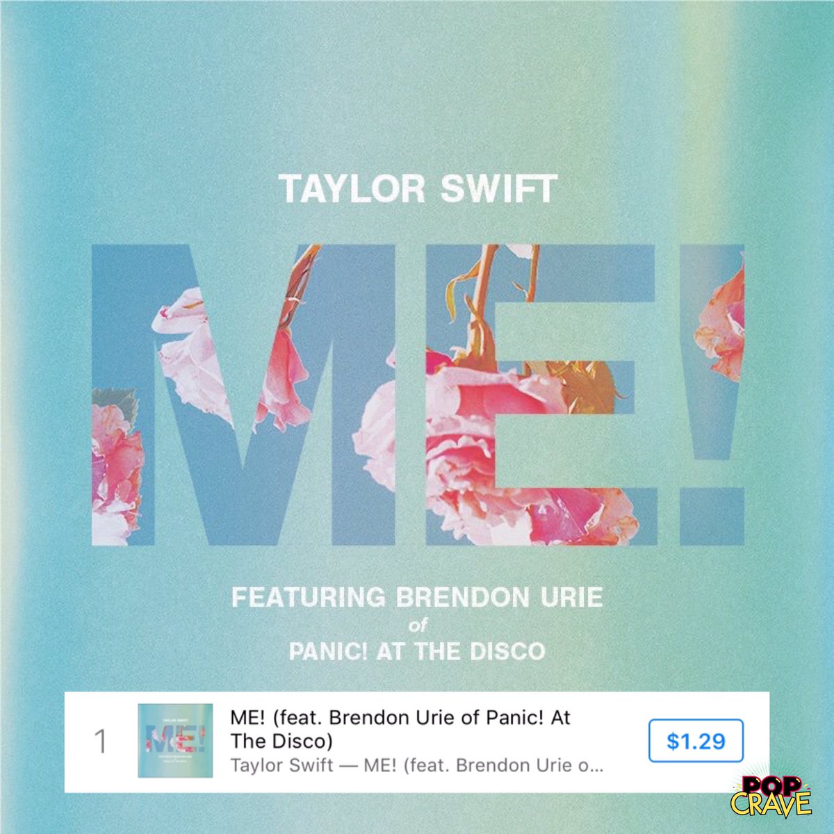 PopCrave's tweet photo. Taylor Swift’s new single #ME! featuring Brendon Urie is already the #1 song on US iTunes.

Congratulations, @TaylorSwift13 &amp; @BrendonUrie! 🍾 https://t.co/qKGIGzKBxU