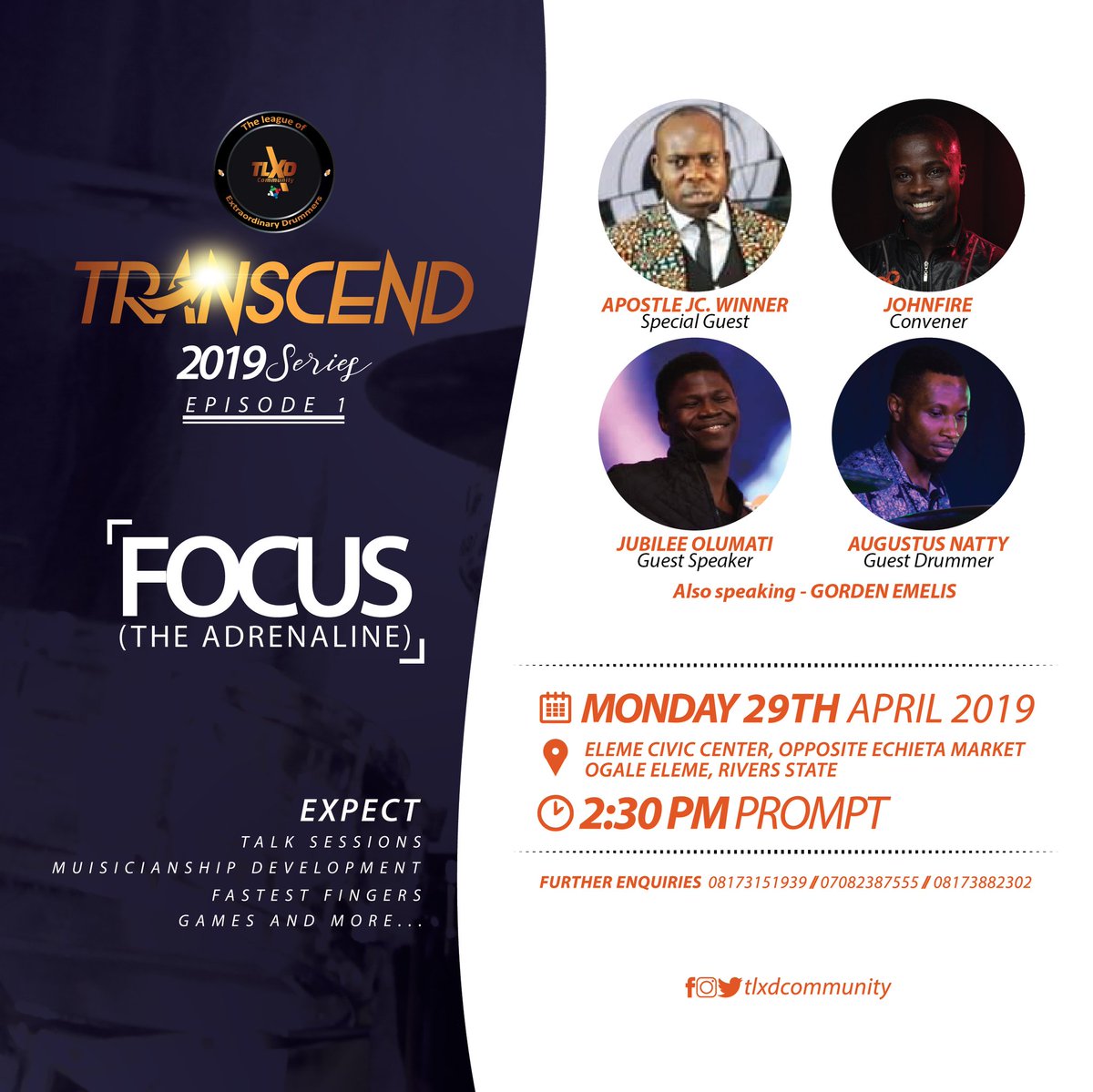 tlxdcommunity's tweet photo. Transcend will be happening on Monday at Eleme Local Government Area, Rivers State. It'll be a time to share ideas, learn and unlearn. Monday is the day, see you there ✌
#musicians #modern #drummers #drummer #drums #drumming #drumlog #snareandsticks #focus #adrenaline #music https://t.co/tZktZsImZU