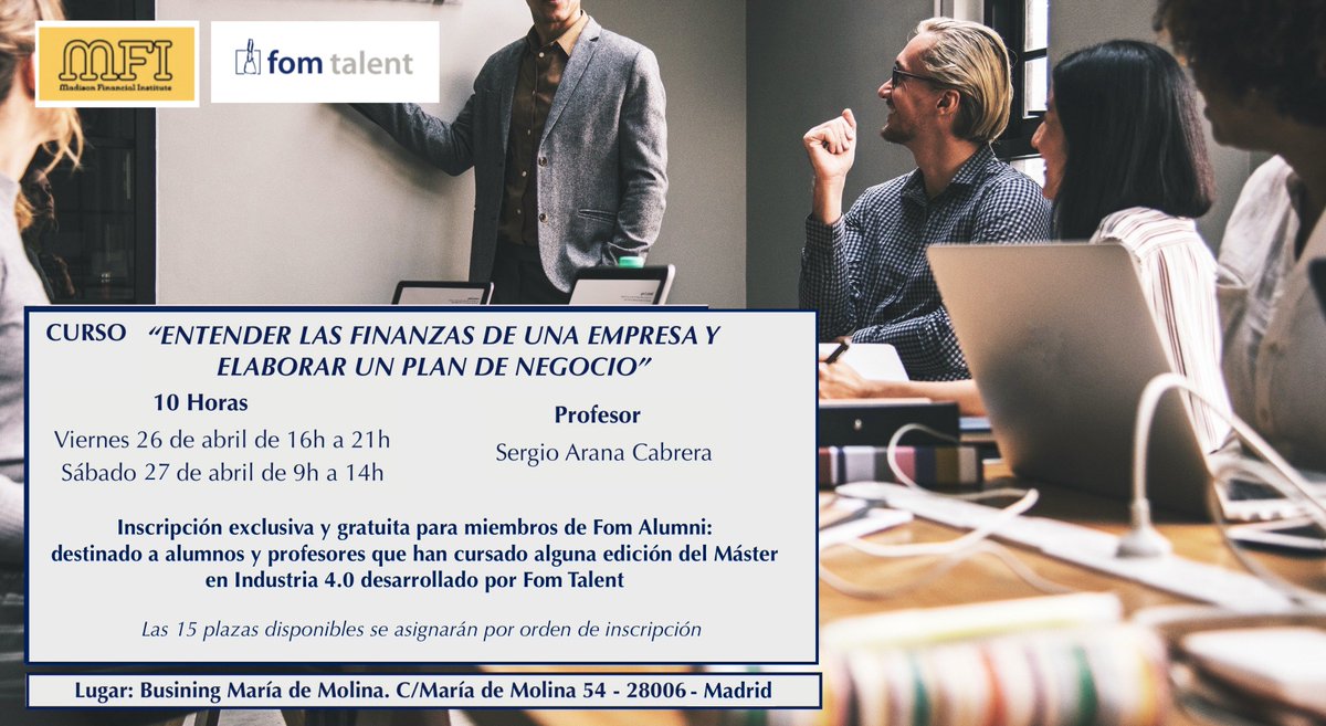 FomAlumni's tweet photo. 📢 ¡Miembros de Fom Alumni! esta tarde a las 16h comienza el curso "Entender las finanzas de una empresa y elaborar un plan de negocio" impartido por Sergio Arana Cabrera. Toda la info 👇 https://t.co/WeAwsbx1m4