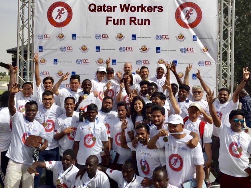 PSalzano's tweet photo. Today we celebrated the workers of #Qatar with the 1st ever #WorkersFunRun 🏃‍♀️🏃🏻 5k race at @aspirezone park. Thanks @ADLSAQa @ILOQatar and @NLinQatar for a great &amp; fun initiative!! 👏👏 https://t.co/7yYLUbc69b