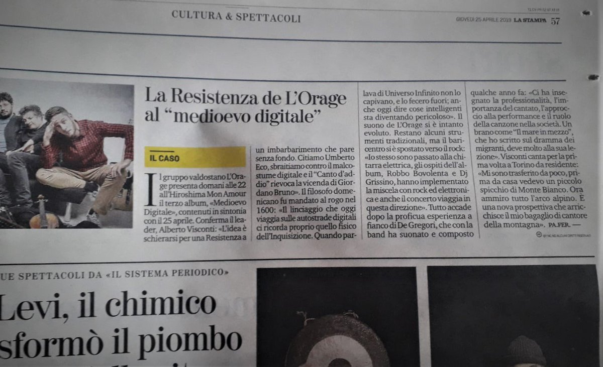 lorageofficial's tweet photo. Amici, questa sera vi invitiamo a continuare la festa con noi all'Hiroshima Mon Amour. Ci troverete lì dal vivo a suonare i brani del NUOVO DISCO #MedioevoDigitale. 

Ve lo ricorda anche la @repubblica e @LaStampa che ringraziamo per questi importanti spazi sulle loro pagine. https://t.co/P2gGYipkJ0