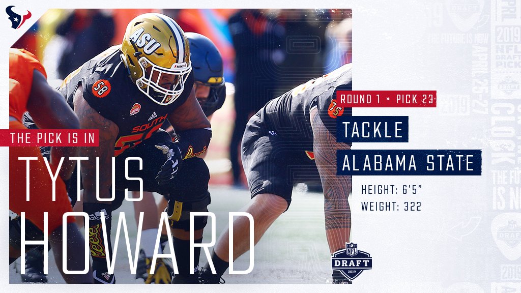 HoustonTexans's tweet photo. With the 23rd pick in the 2019 #NFLDraft, the #Texans select Alabama State T Tytus Howard.

Welcome to Houston, @levelstothis_2!

#TexansDraft | #WeAreTexans https://t.co/M8N4BgJtfy