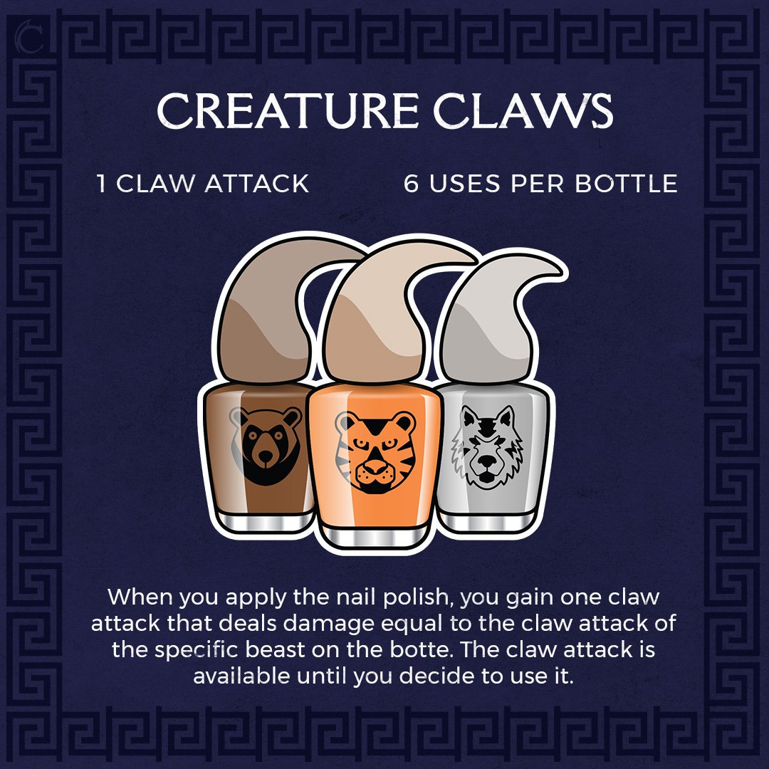 CosmeticsCrit's tweet photo. 🐺🐯🐻 This would add a nice extra attack! What creature would you want?
____________________________________
#critcosmetics #magicitem #magical #dnditem #rpgitem #dnd #rpg #ttrpg #tabletoprpg #nailpolish #fantasy #roleplay #claws #nails #roleplayinggames #dungeonsanddragons https://t.co/nQZi4MGs4O