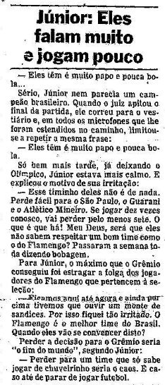 flahistoria's tweet photo. 26/04/1982 #flahistoria 🏆🔴⚫️
[📰 O Globo]

◾ Tita nem viu a placa do "caminhão" atropelador
◾ A alegria de Nunes: Decisão é para mim
◾ Júnior: Eles falam muito e jogam pouco

#GRExFLA #Br82 https://t.co/n1gKFpA2pA