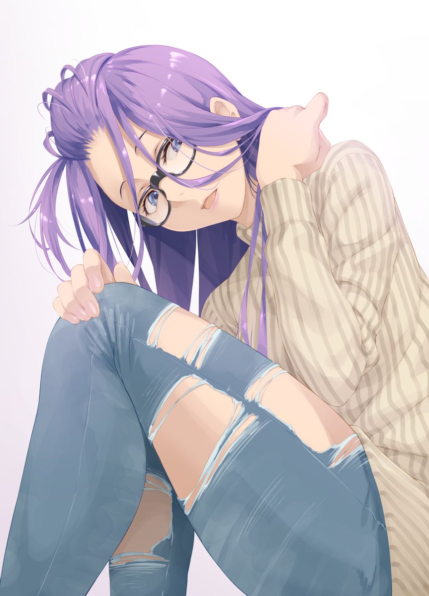 1girl solo glasses pants torn clothes torn pants purple hair  illustration images