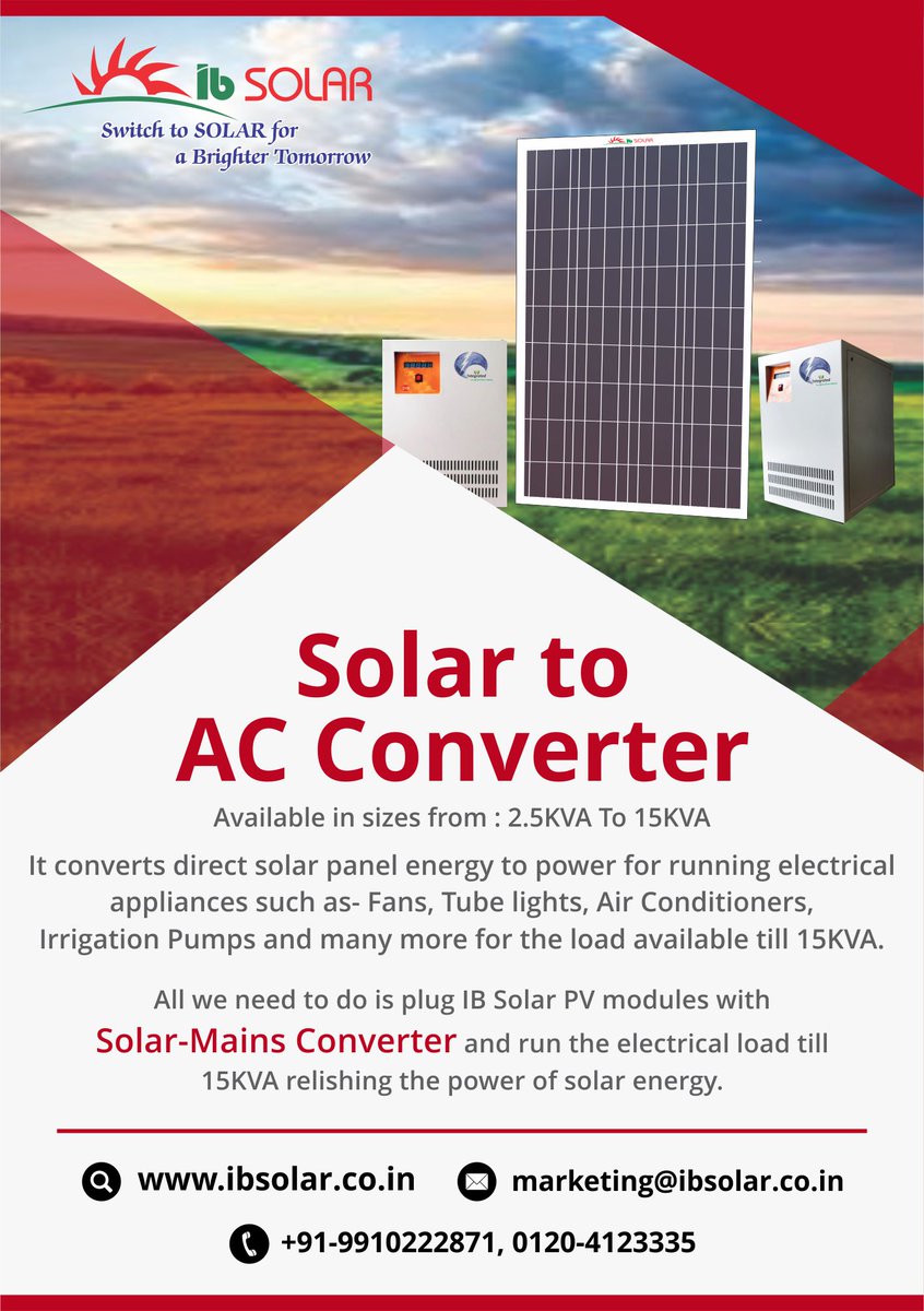 ib_solar's tweet photo. Solar to AC Converter
Available in sizes from : 2.5KVA To 15KVA

To know more visit : https://t.co/N8G3tGAzco
Mail us : marketing@ibsolar.co.in
Call us : +91-9910222871, 0120-4123335

#ibsolar #solarenergy #solarpanels #benefits #reducebill #future #climatechange #SolarConverter https://t.co/gyGvUFtRsl