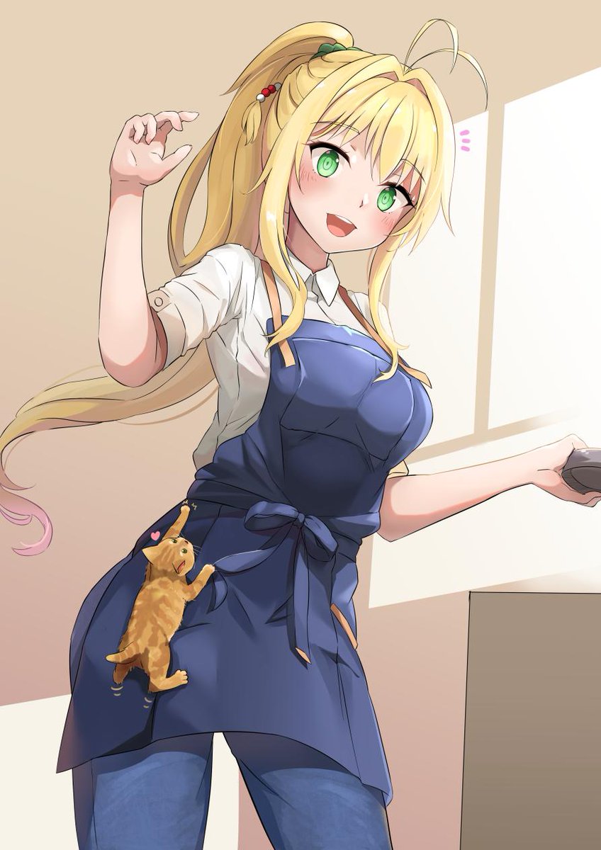 tsurumaki maki 1girl blonde hair apron long hair green eyes shirt white shirt  illustration images