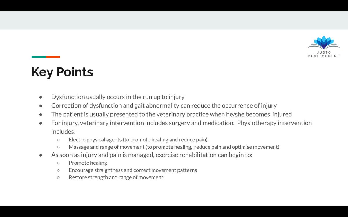 The Physiotherapy and Rehabilitation for VN's CPD is underway. Here is a little snippet one of the lessons.

Join this online course and study at your own pace.

#cpd #keeponlearning #vetphysio #equinerehab #caninerehab #animalwelfare #Justocourses #vet #vetnurse #physiotherapy