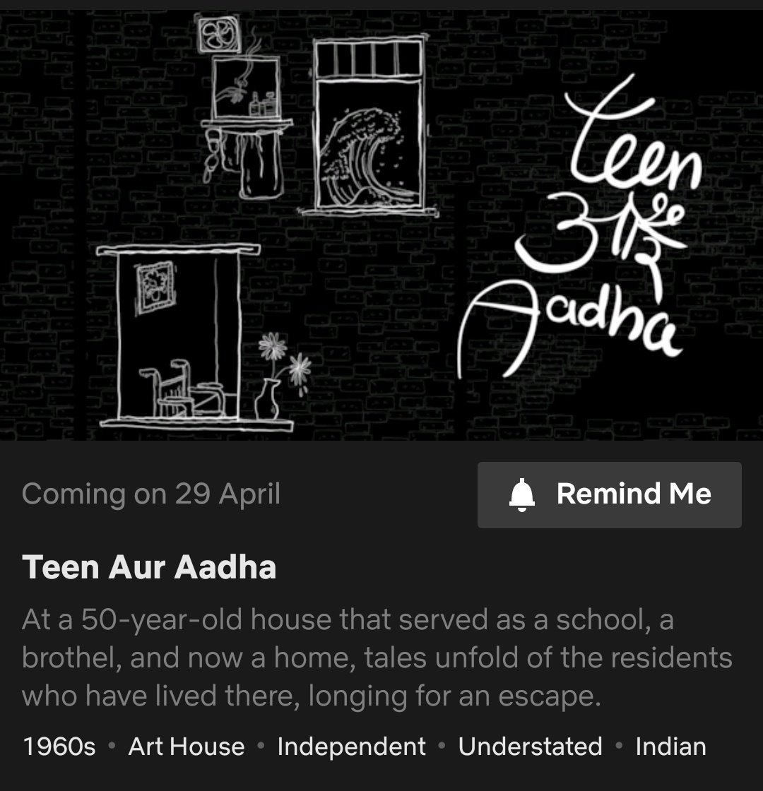 CinemaRareIN's tweet photo. #TeenAurAadha by @gai_dar, presented by @anuragkashyap72, feat. @jimSarbh @zyhssn Suhasini Mulay, M.K. Raina, Arya Dave and Anjum Rajabali, premieres on @NetflixIndia on April 29th. 

@adityavarmaarts @dnm_roots @gonsai #TeenऔरAadha https://t.co/TAsrfLczj6
